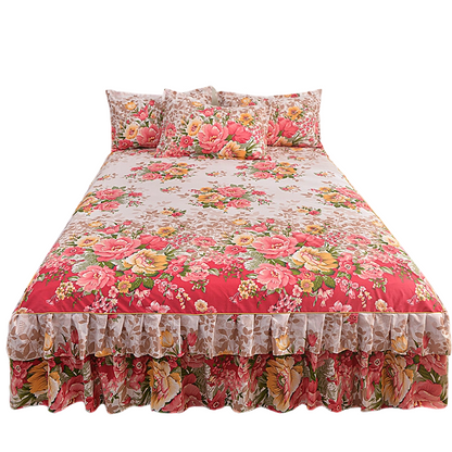 🌸 -50 %! 🛏️ 3-osainen sängynpohjan peite, kukkakuvio ja röyhelöt – tiheä puuvillaseos – 5 kokoa – sängynpeite + 2 tyynyliinaa makuuhuoneeseen 🌷