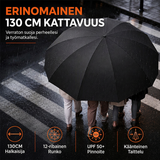 Erittäin suuri 130 cm tuulenpitävä taitettava sateenvarjo – UPF 50+ aurinkosuoja ja vahvistettu runko